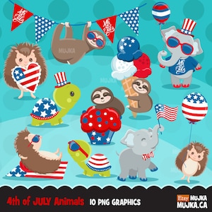 Clipart animaux 4 juillet. Graphismes du jour de l'indépendance, paresseux, éléphant, hérisson, graphismes de fête mignons tortue, scrapbooking, autocollant de l'agenda