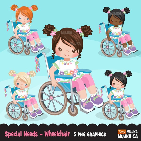 Clipart per sedie a rotelle con esigenze speciali, disabilità, bambini, personaggi, ragazza nera, grafica Png a sublimazione