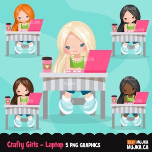 Distant Learning Clipart, Girls with pink laptop, home schooling, student homework, shop logo graphics, Png clip art