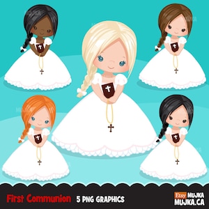 Erstkommunion Clipart für Mädchen. Kommunionfiguren, Grafik, Bibel, Rosenkranz, Schleier. Erstkommunion Grafiken, religiöse Illustrationen