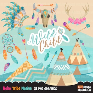 Clipart tribal boho, nativo boho chic, plumas, flechas, astas, nativo, tribal, atrapasueños, país salvaje, gitano