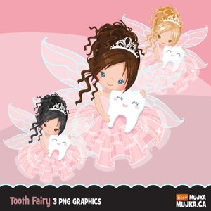 Tandenfee clipart. Schattige afbeeldingen van sprookjesfiguren, engelenvleugels, printables voor feestjes, gedigitaliseerd borduurwerk, plannerstickers, karweikaarten, kunst