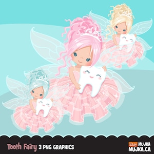 Clipart da Fada do Dente. Gráficos fofos de personagens de fadas, asas de anjo, itens para impressão de festa, bordados digitalizados, adesivos de planejador, gráficos de tarefas, arte