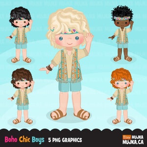 Clipart Boho Boy, personnages bohèmes chics, fabrication de cartes, broderie, indigène, tribal, attrape-rêves, pays sauvage, gitan