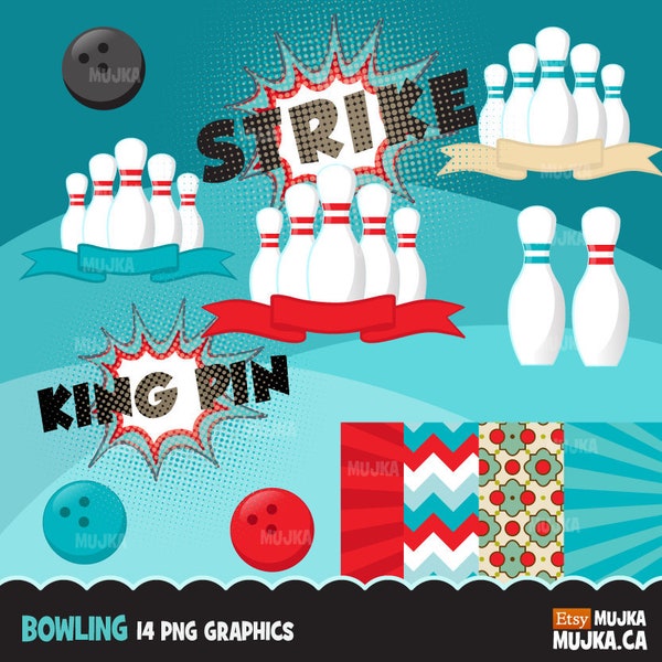 Bowling Clipart. Bowling party graphics, bowling ball, pins, strike, party printables, digitized embroidery, planner stickers, digital paper
