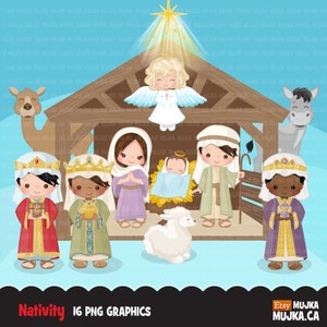 Clipart z Narodzenia Pańskiego, ilustracja religijna, grafika biblijna, Dzieciątko Jezus, Józef i Maryja, Anioł, 3 Królowie, chrześcijaństwo