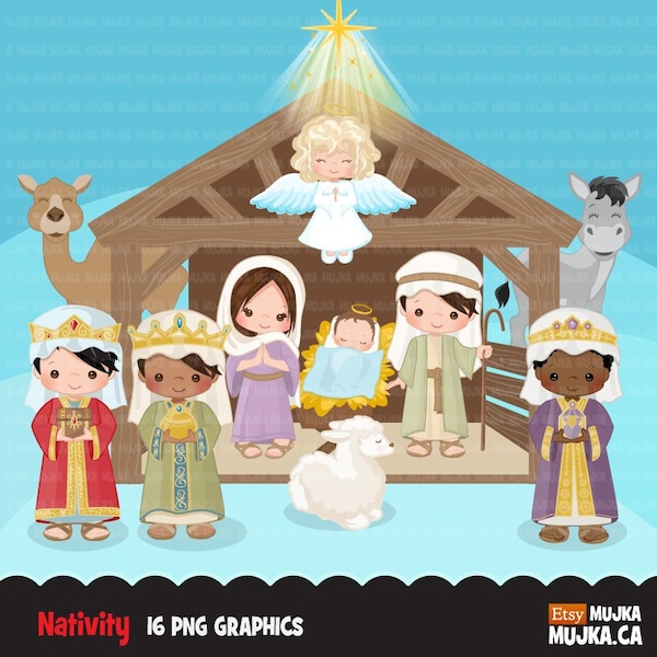 Nativity Clipart, religious illustration, Bible graphics, baby Jesus, Joseph and Mary, Angel, 3 kings, christian