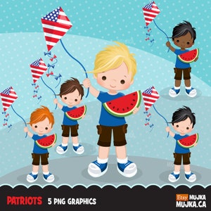 Clipart du 4 juillet. Graphismes de petit garçon du jour de l'indépendance, autocollants pour agenda, broderie, motifs par sublimation, tableau de corvée, noir, cerf-volant