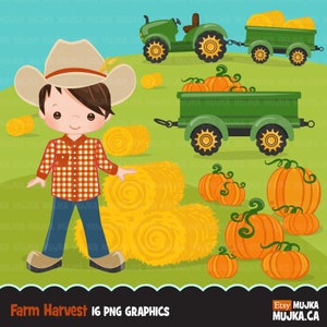 May include: A cartoon illustration of a boy wearing a cowboy hat and plaid shirt standing next to a bale of hay. A green tractor with a trailer full of pumpkins is in the background. The image is part of a set of 16 PNG graphics for a farm harvest theme.