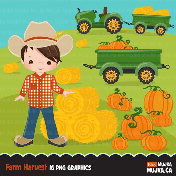 Bauern Clipart, Herbst Bauern mit Traktor, niedliche Charaktere, schwarz, Planer Sticker, Aktivität, Herbsternte, Kürbis Beet, Heu