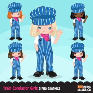 Train conductor clipart, girls, train party, card making, , embroidery, black characters, baby shower, birthday image 1