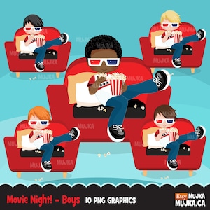 Clipart de noite de cinema, aniversário de filme, preto, confecção de cartão, adesivo de planejador, biscoito, pipoca, festa do pijama, álbum de recortes, personagens