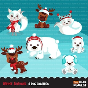 Weihnachtstiere Clipart. Niedliche Winter Tiere, Eisbär, Jungtier, Polarfuchs, Rentier, Elch Babyparty, noel