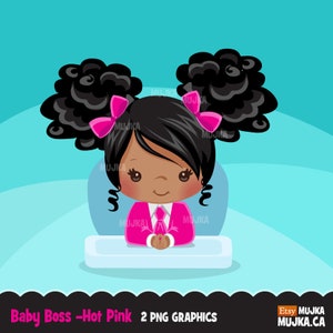 Baby Boss Clipart, Baby mit rosa Business-Anzug, schicke Charaktere, schwarz, Karte machen, Aktivität, süßes Afro-Baby