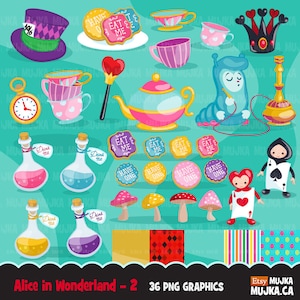 Alice au pays des merveilles Clipart, Tea Party du Chapelier fou Eat Me Drink Me, reine de coeur, dessins par sublimation téléchargement numérique des fichiers png