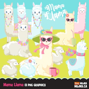 Lama-clipart. Süße Mama Lamas zum Muttertag, Tiergrafiken, Baby Lama, Party Printables, digitalisierte Stickerei,
