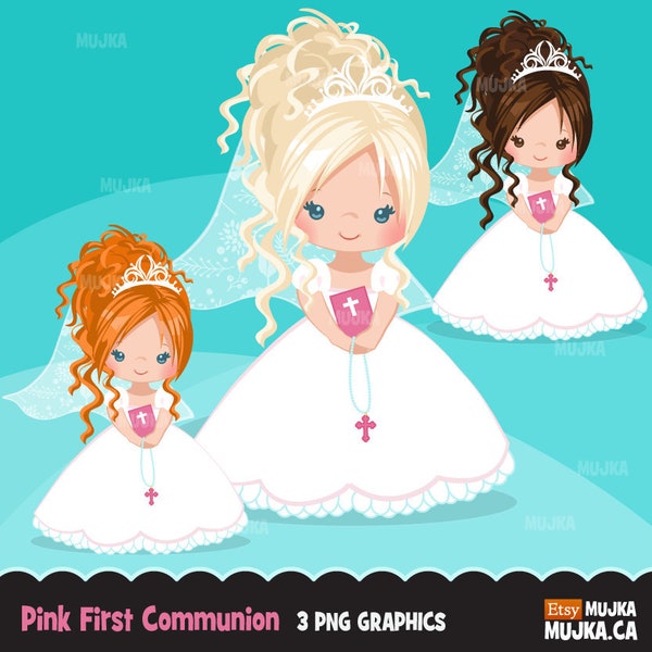 Rosa Prima Comunione Clipart per ragazze. Personaggio della Santa Comunione, grafica, Bibbia, rosario, velo. Grafica Comunione, illustrazioni religiose