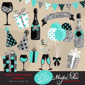 Feier Clipart Silber Glitter & Teal Party Grafiken. Geschenkboxen, Ballons, Banner, Schleife, Konfetti, digitale Papiere png Clip Art