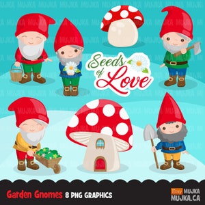 Clipart Garden Gnomes, grafika ogrodnicza, postacie krasnali, scrapbooking, ogród wróżek, uroczy domek z grzybów