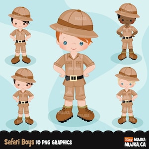 Clipart de niño de safari. Gráficos de campamento de niño de safari. Gráficos de atuendos, verano, imprimibles para fiestas, diseños de sublimación, arte al aire libre