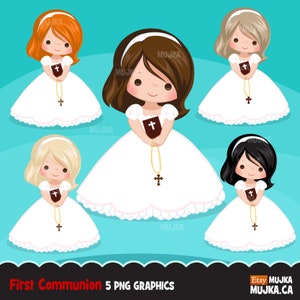 Clipart de Primera Comunión para Niñas. Personajes de comunión, gráficos, Biblia, rosario, velo. Gráficos de Primera Comunión, ilustraciones religiosas.