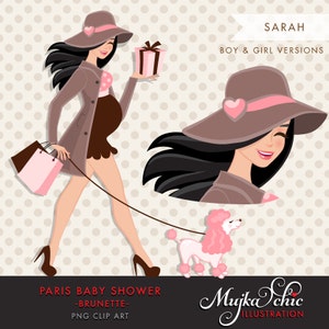 Brunette Paris ciężarna mama clipart na Baby Shower i zaproszenia na przyjęcie w Paryżu. Różowy pudel Paryż i torby na prezenty, postać z baby shower.