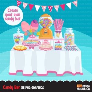 Candy Clipart. Candyland bar display, sweet, lollipop, candy cane, candyfloss, jelly, chocolate pretzel, macaron, candy corn, gumball buffet