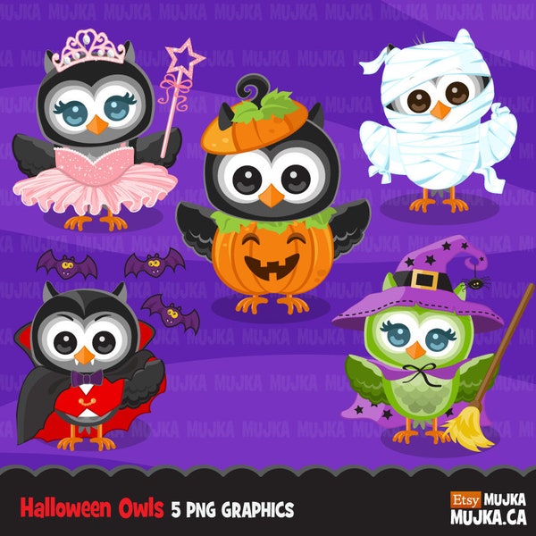 Halloween owls clipart. Cute owls in Halloween costumes. Halloween party,  , wizard, ballerina, pumpkin, mummy, vampire owls