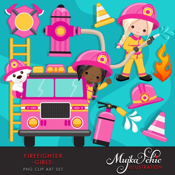 Firefighter Clipart, firefighter png, pink fire truck png, sublimation designs digital download, firefighter girls, fire rescue graphics