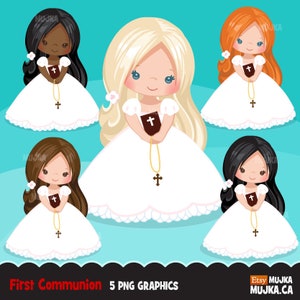 Erstkommunion Clipart für Mädchen. Kommunionfiguren, Grafik, Bibel, Rosenkranz, Schleier. Erstkommunion Grafiken, religiöse Illustrationen