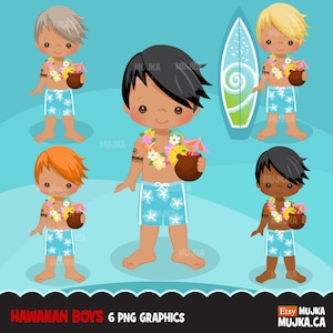 Hawaiianische Jungs Clipart, Sommer Strand Grafiken, Planer Aufkleber, Surfer, Hawaii Charaktere, Luau Party, Kokosnuss Drink, Strand Geburtstag