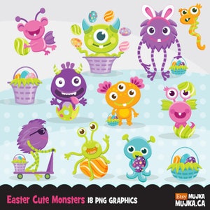 Cute Easter Monsters clipart, cute spring graphics, illustration, planner stickers, scrapbooking, character, embroidery, cutting files, art image 1