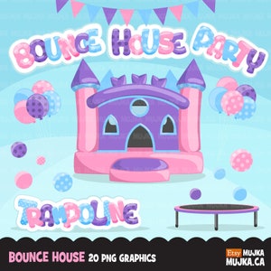 Bounce House Clipart, trampolina urodziny, , baby shower, balony, grafika zamku do skakania, baner urodzinowy