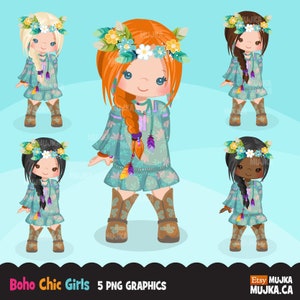Imágenes prediseñadas de Boho Girl, personajes boho chic, creación de tarjetas, pegatinas para planificadores, bordado, nativo, tribal, estilo campestre salvaje, gitano, plumas, botas
