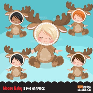 Baby Elch Clipart, Babyparty Grafiken, Rentier Kostüm, Kartenherstellung, Geburtstagsparty, schwarzes Baby, Tier,