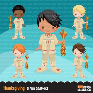 Action de grâces Clipart. Personnages indiens et pèlerins, graphismes Sublimation Designs ! Récolte, vacances, terre natale, livre d'histoires