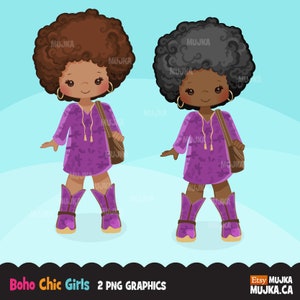 Imágenes prediseñadas de chicas afro, personajes boho chic, chicas negras, creación de tarjetas, diseño de galletas, gráficos afro, moda