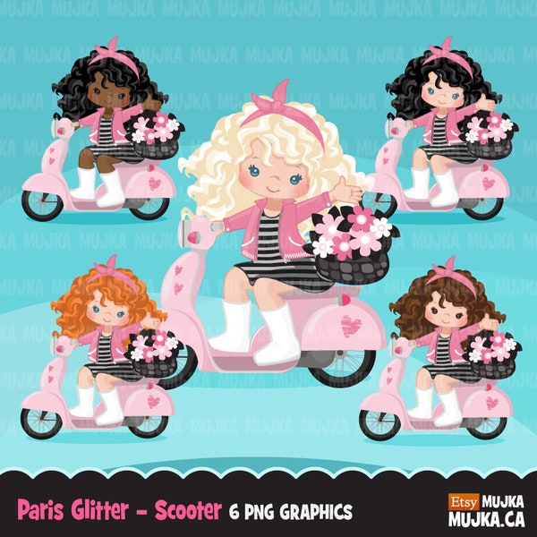 Clipart di Parigi. Glitter pink Paris Girls, moda, francese, tea party, baby shower, compleanno, grafica, fantasia scooter francese