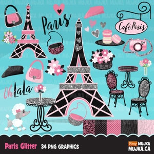 Clipart de Paris. Fond de Paris rose pailleté, tour Eiffel, joli sac à main, fleurs, caniche français, table de café, goûter, baby shower, anniversaire