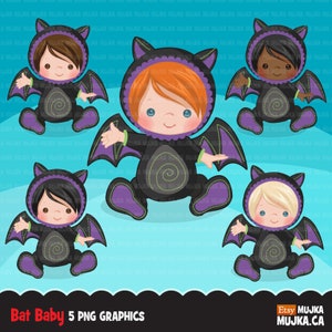 Clipart Baby Bat, grafika na baby shower w kostiumie na Halloween, tworzenie kartek, naklejki do planera, przyjęcie urodzinowe, czarny, skrzydła nietoperza, zwierzę