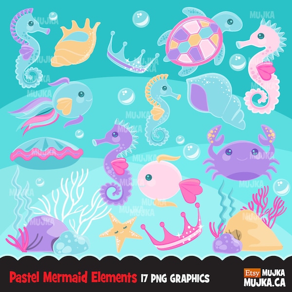 Mermaid undersea clipart, pastel sea animal graphics, sea turtle, seahorse, crab, seaweed, fish, starfish, Sublimation Designs PNG clip art