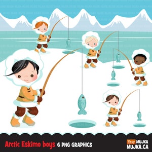 Arctische eskimo clipart. Leuke winterachtergrond, vissende jongens, arctische visserijafbeeldingen, winteractiviteit, pooldieren, illustratie, planner