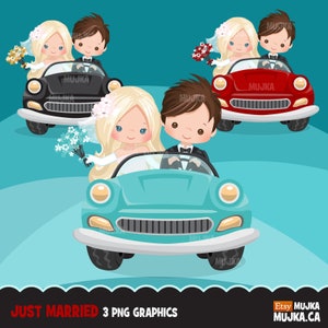 Gerade verheiratet Braut und Bräutigam Clipart in Vintage Auto Clipart, Charaktere, brünett Paar, Kartenherstellung, Hochzeit Grafiken