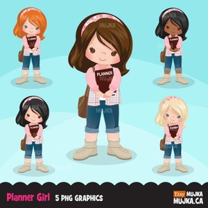 Planner Girl Clipart, schicke Charaktere, schwarz, Kartengestaltung, , Cookie, Aktivität, lästige Arbeit, kleines Mädchen mit Buch, Kunst
