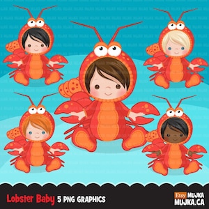 Clipart bébé homard, graphismes de baby shower costume animal, fabrication de cartes, fête d'anniversaire, noir, sous la mer, poisson