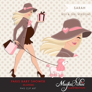 Blondynka Paris ciężarna mama clipart na Baby Shower i zaproszenia na przyjęcie w Paryżu. Różowy pudel Paris i torby na prezenty, postać z baby shower.