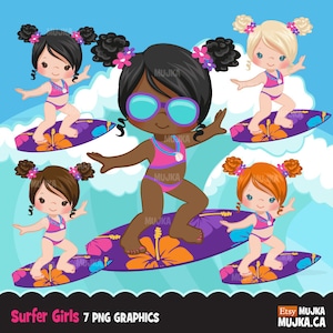 Surfer Mädchen Clipart, Surfen Charaktere, schwarz, Card-Making, Keks, Sommer Sport, Aktivität, Schwimmen, Wellen