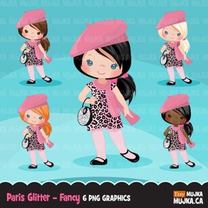 Paris Clipart. Glitzer rosa Paris Mädchen, fashion, französisch Shopping, Teeparty, Babyparty, Geburtstag, oh la la Grafiken, Lust auf Glitzer french