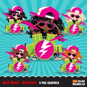 Rockstar Girls Clipart, Schlagzeuger, schwarz, Karten machen, Planer Aufkleber, Rockband Geburtstagsparty, Pop Musik, Schlagzeug, Schlagzeuger Kind