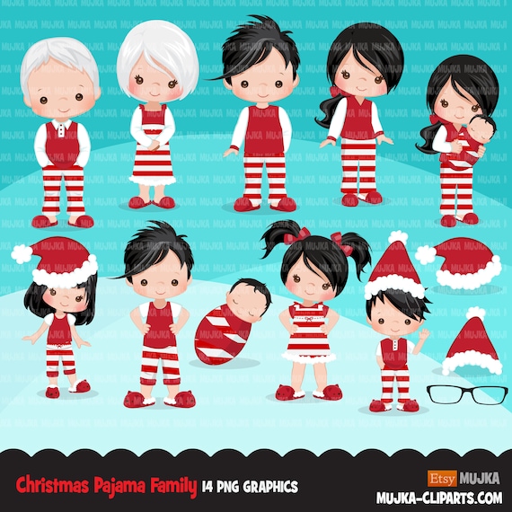 Christmas Pajama Family Clipart Portraits Mom Dad Grandparents Baby Kids Collection Brunette Graphics Commercial Use Png By Mujka Design Inc Catch My Party